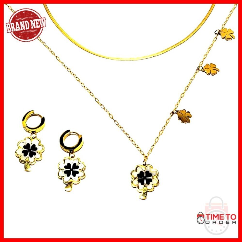 14K Gold-Plated Layered Chain Necklace and Earrings Set with Box Clasp